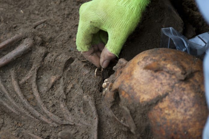 The Trumpington Cross is found during the excavation of the burial in 2012_credit University of Cambridge Archaeological Unit
